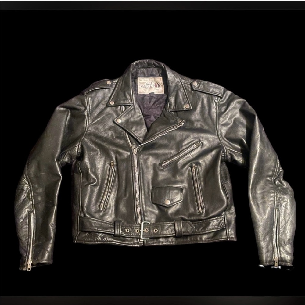 Vintage Black Leather Motorcycle Jacket Mens 42